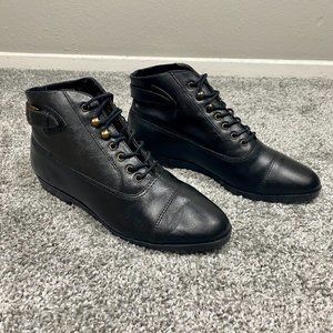 Vintage 80s 90s Black Leather Lace Up Buckle Grunge Granny Ankle Booties Boots 8
